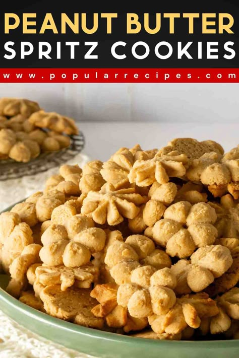 These Peanut Butter Spritz Cookies are a classic spritz Christmas cookie with peanut butter flavors. This easy spritz cookie recipe can be made using your favorite cookie press shape, making it perfect for any occasion. Peanut Butter Spritz Cookie Recipe, Easy Spritz Cookie Recipe, Christmas Spritz, Snowball Christmas Cookies, Butter Spritz Cookies, Cookie Press Recipes, Christmas Spritz Cookies, Butter Flavors, Spritz Cookie