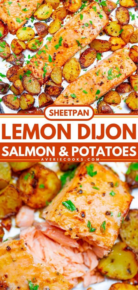 Sheet Pan Lemon Dijon Baked Salmon and Potatoes, salmon dishes, simple dinner recipes Baked Salmon And Potatoes, Salmon And Potatoes, Salmon Recipes Oven, Oven Roasted Salmon, Recipes With Chicken And Peppers, Potato Dinner, Salmon Potato, Jambalaya Recipe, Healthy Salmon