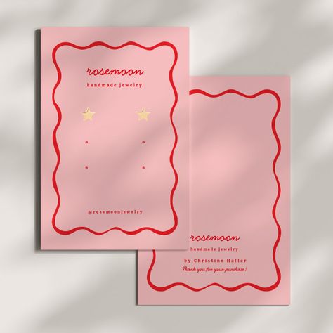 Red Squiggle Retro Earring Display Card Jewelry Pop Up, Pink Background Template, Filler Designs, Diy Earring Cards, Binder Filler, Earring Cards Template, Art Fair Display, Jewelry Business Card, Etsy Packaging