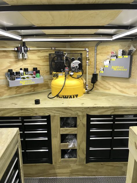 Trailer Workshop Ideas, Tool Trailer Ideas, Carpenter Trailer Setup, Mobile Mechanic Setup, Construction Trailer Organization Ideas, Work Trailer Organization, Tool Trailer Organization Ideas, Enclosed Trailer, Enclosed Trailer Shop Ideas