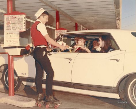 Sonic Carhop and customers from 1967 Car Hop, Sonic Drive In, To My Father, Roller Skaters, Sock Hop, American Diner, Yamagata, Sonic Franchise, Drive In Movie