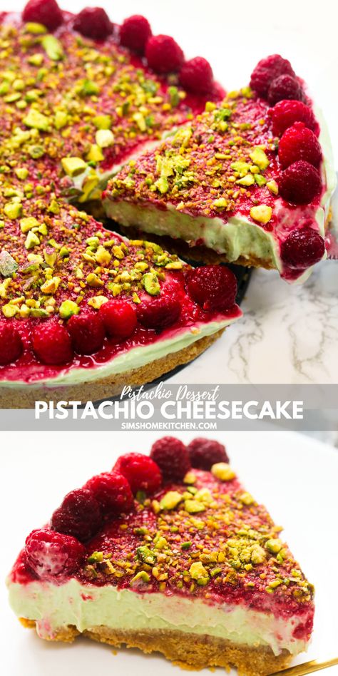 Pistachio Raspberry Dessert, Plant Based Cheesecake, 2023 Desserts, Unbaked Cheesecake, Raspberry And Pistachio, Pistachio Filling, Pistachio Pie, Crushed Pistachios, Chocolate Raspberry Mousse Cake