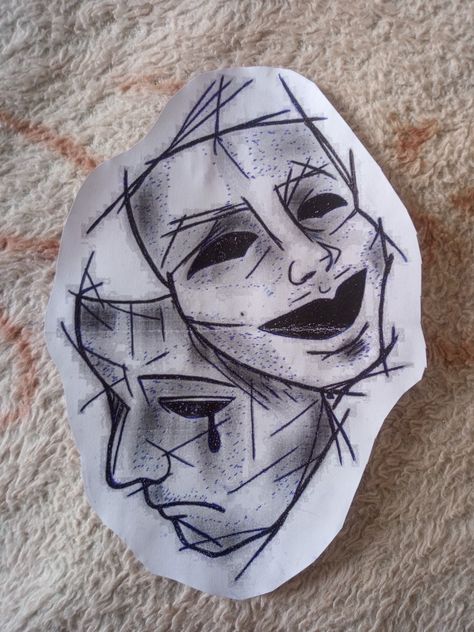 3 Mask Tattoo, Double Face Tattoo Design, Two Masks Tattoo, Theater Faces Tattoo, Twoface Tattoo, Two Face Tattoo Mask, Holding Mask Reference Drawing, Theatre Masks Tattoo, Theatre Tattoos