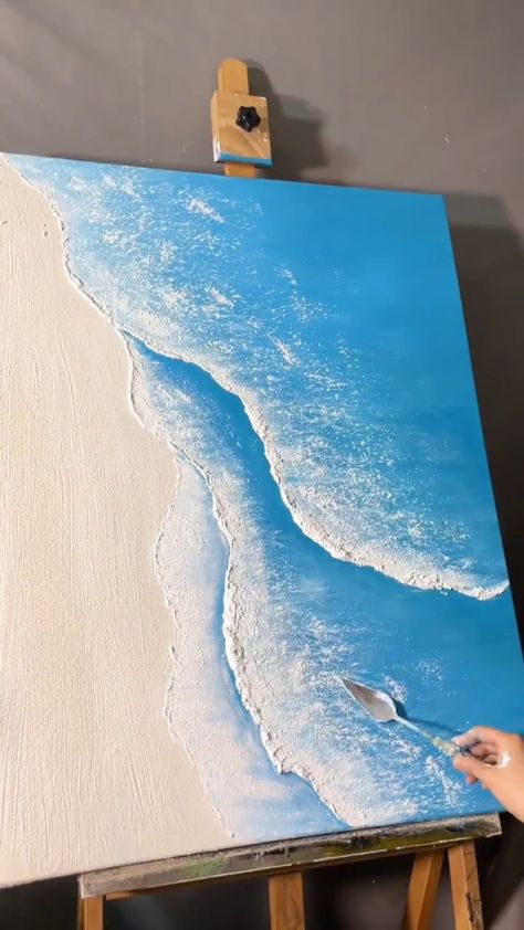 3D Minimalist Textured Ocean Painting Acrylic Framed Blue Beach Painting Impasto Beach Painting, Textured Sea Painting, Beach Texture Art, Ocean Texture Art, Canvas Painting Ideas Ocean, Sea Painting Acrylic, Acrylic Beach Painting, Sea Canvas Painting, Canvas Painting Beach