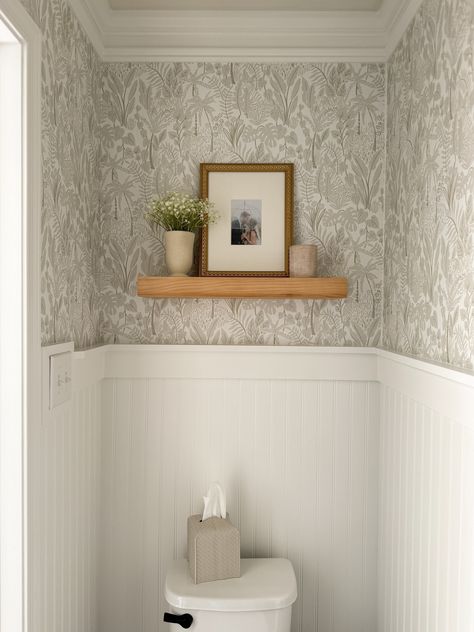 POWDER ROOM TRANSFORMATION || BEADBOARD & WALLPAPER - A Classy Fashionista Small Powder Room Ideas Wallpaper, Diy Powder Room, Small Half Bathroom, Small Half Bath, Bathroom Wallpaper Ideas, Beadboard Wallpaper, Beadboard Bathroom, Beadboard Wainscoting, Powder Room Remodel