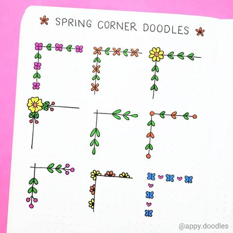 Doodle Art For Beginners en Instagram: “@themonsterofstationery and I collaborated to bring you guys some spring themed corner doodles. Don't forget to check out…” Corner Doodles, Birthday Bullet Journal, Dot Journaling, Beginner Drawing Lessons, Doodle Art For Beginners, Journal Elements, Organization Bullet Journal, Ideas Bullet Journal, Initial Art