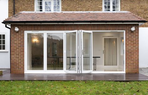 Bifold Doors Extension, Bifold Doors Onto Patio, Bi Folding Doors Kitchen, White Bifold Doors, Bi Folding Doors, Kitchen Patio Doors, External Bifold Doors, Small House Extensions, Folding Patio Doors