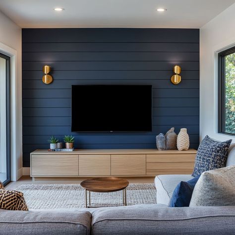 Modern Shiplap Accent Walls: A Fresh Look for Any Interior Shiplap Wall Behind Tv Living Room, Shiplap Blue Wall, Navy Blue Shiplap Wall Living Room, Shiplap Entertainment Wall Living Room, Basement Shiplap Tv Wall, Accent Wall Shiplap Living Room, Basement Shiplap Accent Wall, Shiplap Wall Family Room, White Walls With Accent Wall Living Room