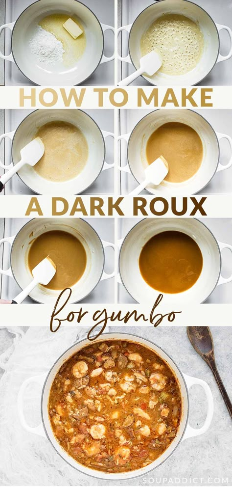 How to make a classic dark roux for gumbos, etouffees, and other southern dishes. Photos and instructions included at SoupAddict.com Roux Recipe Gumbo, Gumbo Roux Recipe New Orleans, How To Make A Roux For Gumbo, Dark Roux Gumbo Recipe, Homemade Roux For Gumbo, Roux In The Oven, Oven Roux Recipe, Gumbo Rue Recipe, Dark Roux Recipe