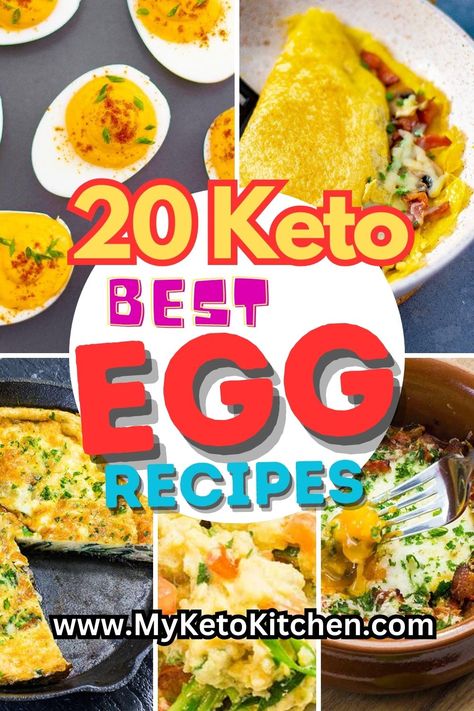 Five images of ket egg recipes, omelet frittata, scrambled eggs, baked eggs, devilled eggs. Keto Egg Recipes, Egg Recipes For Lunch, Low Carb Egg Recipes, Egg Custard Recipes, Keto Eggs, Keto Egg Recipe, Egg Fast Diet, Best Egg Recipes, Meals For Breakfast