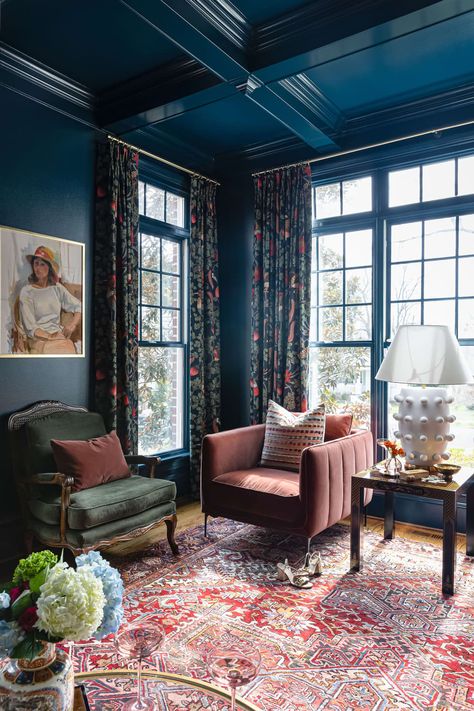 sitting room painted in Farrow & Ball’s Hague Blue Room Design Maximalist, Navy Blue Sitting Room, High Gloss Walls, Gloss Walls, Blue Sitting Room, Farrow And Ball Living Room, Formal Sitting Room, Blue Family Rooms, Navy Living Rooms