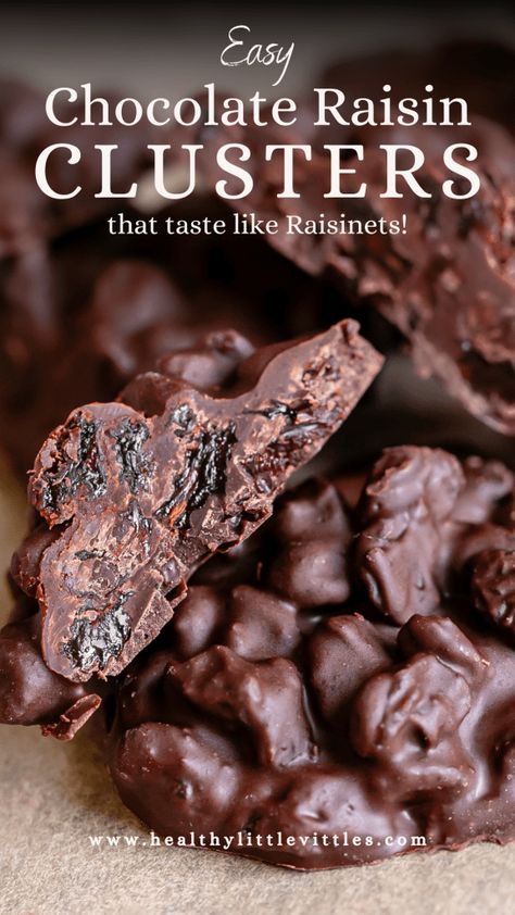 If you’re a fan of Raisinets you’re going to love this homemade dark chocolate version of the popular chocolate candy! Instead of individually coating each raisin in melted chocolate, these Easy Chocolate Raisin Clusters are an easier way to enjoy chocolate covered raisins, and are made with just 2 ingredients! Assorted Chocolates Recipes, Chocolate Raisin Clusters, Baking With Raisins, What To Do With Raisins, Chocolate Covered Raisins Homemade, Chocolate Covered Recipes, Desserts With Raisins, Savory Chocolate Recipes, Recipes Using Raisins