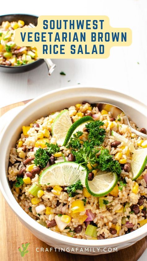 Southwest Brown Rice Salad is a healthy cold rice salad with corn, black beans & onion side dish. The perfect brown rice salad recipe for picnics. This southwestern brown rice salad is full of flavor and protein, making it the perfect side dish for any meal. And, it's ready in less than 30 minutes! This recipe is great for parties or get-togethers because you can make it ahead of time and it tastes great cold. It's also vegan! Brown Rice Salad Recipes Cold, Onion Side Dish, Brown Rice Side Dish, Instant Pot Casserole, Rice Salad Cold, Instant Pot Brown Rice, Perfect Brown Rice, Dinner Recipe Chicken, Healthy Family Dinner Recipes