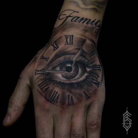 Eye in a Family clock Tattoo Eye With Clock Tattoo Design, Family Clock Tattoo, Hand Clock Tattoo, Eye And Clock Tattoo, Clock Hand Tattoo, Eye Clock Tattoo, Eye Tattoo Meaning, Realistic Eye Tattoo, Lizard Eye