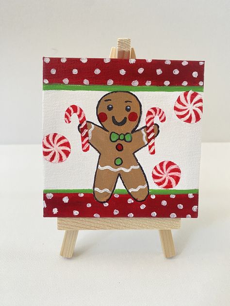 Mini Christmas Paintings On Canvas, Mini Canvas Christmas Paintings, Mini Christmas Canvas, Easy Christmas Paintings For Beginners, Canvas Painting Cute, Christmas Canvases, Christmas Canvas Painting, Beautiful Energy, Doodle Paint