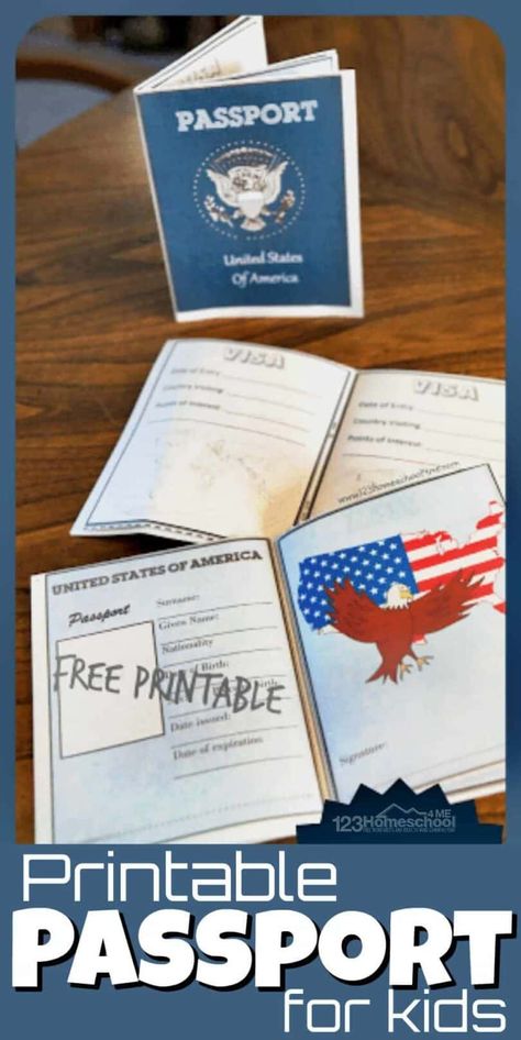 Make geography come alive by using these free printable passport for kids. Childrne can pretend like they are traveling all around the world as they study and learn about other countries while keeping a record of where they've been. This free printable passport activity is fun for toddler, preschool, pre-k, kindergarten, first grade, 2nd grade, 3rd grade, and 4th grade students. Inside their passport for kids they can put their picture, personal information, signarure, and informatin about the c Mexico For Kids, Canada For Kids, Australia For Kids, Japan For Kids, Germany For Kids, History Lessons For Kids, Passports For Kids, Italy For Kids, Around The World Theme