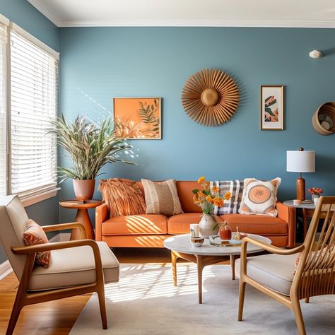 Blue Orange Room Aesthetic, Colour Accents Living Room, Mid Century Colourful Living Room, Color Accent Living Room, Interior Design With Blue Accents, Home Decor Orange, Blue And Orange Lounge, Living Room Blue And Orange, Living Room Blue Orange