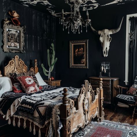 Western Gothic Decor Ideas: How to Get the Look in Your Apartment — Moda Misfit | Small Apartment Styling + Cozy Living Southern Gothic Home Aesthetic, Goth Western Aesthetic Home, Western Gothic Decor Bedroom, Western Gothic Bedroom, Southern Gothic Room, Southern Gothic Bedroom, Dark Western Bedroom, Witchy Rooms, Western Gothic Decor