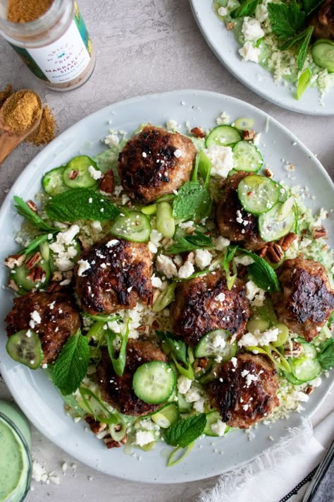 Moroccan Chicken Meatballs made with Spice Tribe "Marrakesh Sitar". Juicy and full of flavor. Served with couscous and a vibrant parsley yogurt sauce - The Original Dish, www.theoriginaldish.com Herb Couscous, Brunch Savory, Moroccan Spice Blend, Moroccan Meatballs, Parsley Sauce, The Original Dish, Easy Spring Recipes, Healthy Spring Recipes, Couscous Recipe