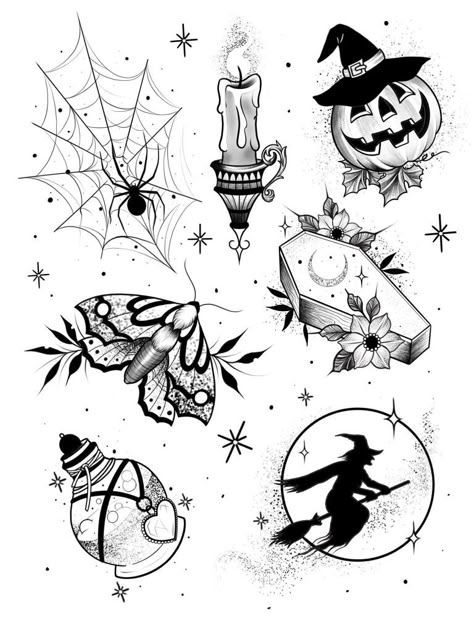 Spooky Whimsical Tattoo, Witchy Filler Tattoo Ideas, Cute Halloween Flash Tattoo, Spooky Patchwork Sleeve, Halloween Linework Tattoo, Spooky Linework Tattoo, Blackwork Halloween Tattoo, Traditional Halloween Tattoo, Space Filler Tattoo