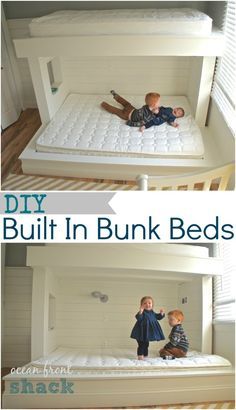 Beautiful DIY wood planked built in bunk beds painted in Benjamin Moore White Dove, lots of great step by step photos of construction on blog Built In Bunk Beds, Modern Bunk Beds, Bunk Beds Built In, Natural Bed, Built In Bunks, Bunk Rooms, Benjamin Moore White, Bunk Beds With Stairs, Bed Parts