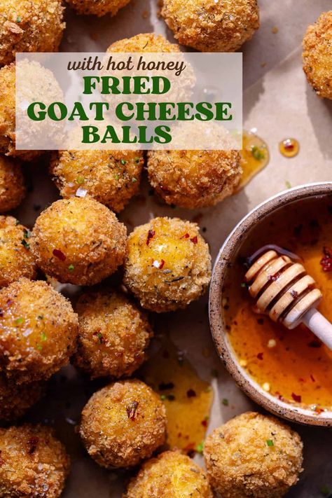 Fried Goat Cheese Balls - Short Stack Kitchen Fried Goat Cheese With Hot Honey, Goats Cheese Balls, Goat Cheese Balls Recipes, Goat Cheese Balls Air Fryer, Fried Goat Cheese Balls Air Fryer, Stacked Appetizers, Sur Goat Cheese Balls Recipe, Crispy Goat Cheese, Fried Goat Cheese Balls