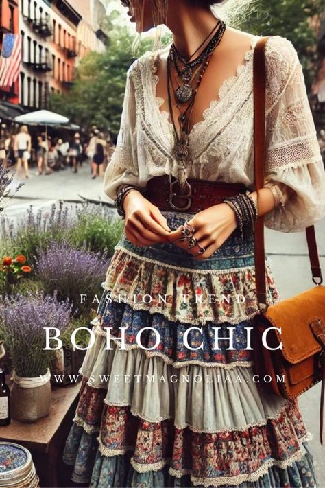 Boho Decor + Fashion: Mastering Boho Dresses and Interiors - Sweet Magnoliaa Gypsycore Fashion Aesthetic, Hippie Elegante Boho Style, Curvy Boho Fashion, Boho Clothes For Older Women, Boho Chic Outfits Bohemian, Bohemian Outfits Winter, Chic Boho Outfits, Boho Fashion Over 50, Romani Fashion