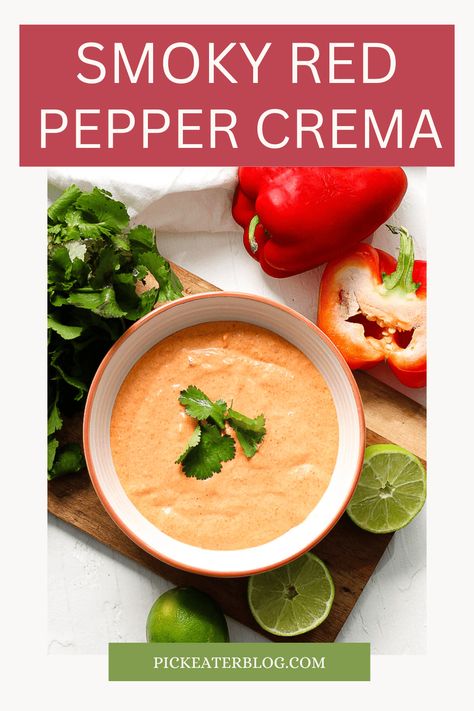 This smoky red pepper crema will be your new favorite dipping sauce. This red pepper crema recipe is an incredibly versatile condiment with a rich, smoky flavor that goes great with a wide variety of dishes. Add it to your tacos, mix it into pasta, dip tortilla chips (or fries) in it, spread it on sandwiches, or even top your mashed potatoes. Smokey Red Pepper Crema, Spicy Crema Recipe, Hello Fresh Sauce Recipes, Smoky Red Pepper Crema, Red Pepper Crema, Red Pepper Cream Sauce, Pork Bowls, Spicy Crema, Red Pepper Pasta Sauce