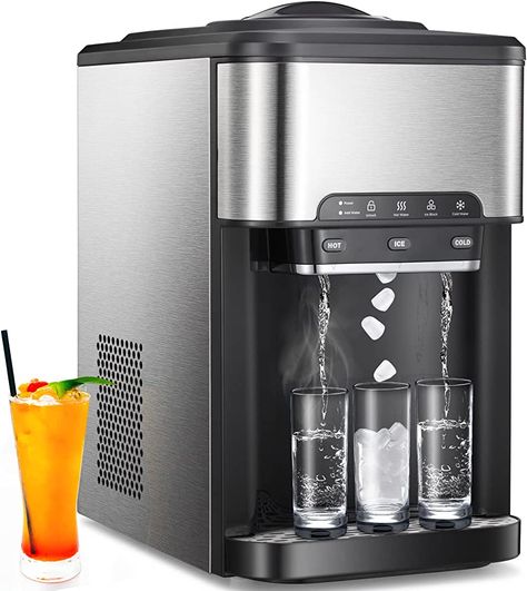 Amazon.com: Ice&Hot&Cold Countertop Water Dispenser Portable Ice Maker Machine,12 Cubes in 7 Mins 44Lbs/24H Stainless Steel Nugget Ice Maker Decor for Home Office Kitchen and Bar with Child Safety Lock : Appliances Countertop Water Dispenser, 5 Gallon Water Bottle, Hot Water Tank, Nugget Ice Maker, Gallon Water Bottle, Ice Storage, Portable Ice Maker, Ice Maker Machine, Cold Ice