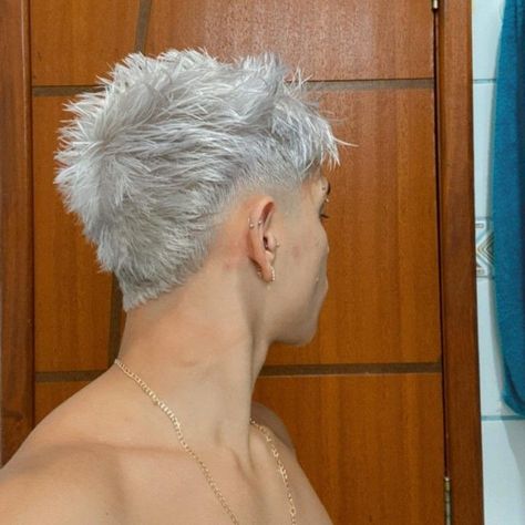 Silver Mullet Hair, Men’s Silver Hair, Silver Mens Hair, Men’s Straight Hair Cuts, Platinum Blonde Mullet, Silver Hair Dye Men, Men’s Dyed Hair, Men White Hair, Hair Dye Men