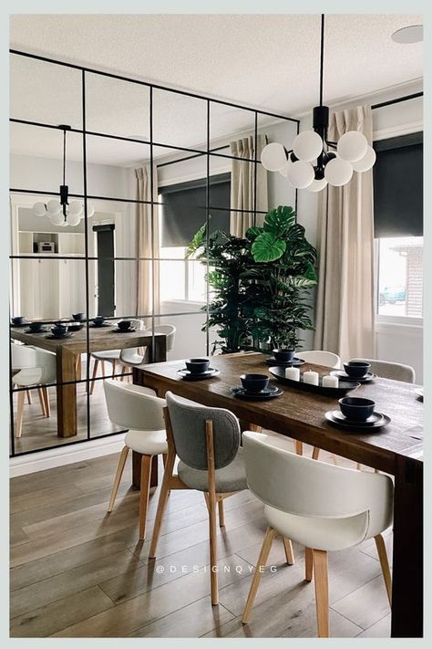 Are Mirrored Walls Out Of Style? Mirrored Wall Decor Living Room, Dinning With Mirror Wall, Mirror Feature Wall Design, Dinning Mirror Wall Decor, Dining With Mirror Wall, Dinning Room Wall Decor Mirror, Dining Mirror Wall Decor, Mirror Accent Wall Dining Room, Mirrors Dining Room Wall