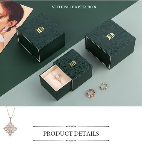 Green Jewelry Packaging, Green Packaging Design Boxes, Green Drawer, Rigid Box Packaging, Jewelry Packaging Design, High End Design, Jewelry Logo Design, Watch Gift Box, Jewelry Packaging Box