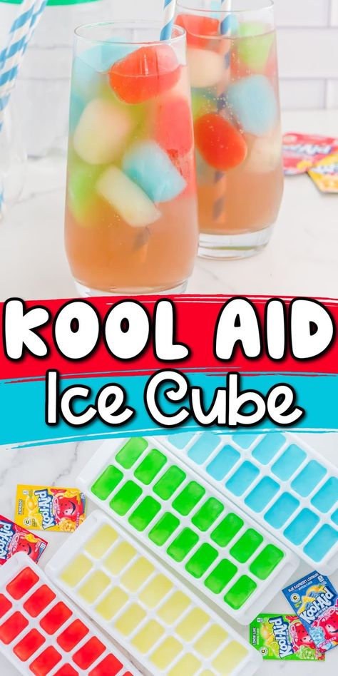 Kool Aid Ice Cubes Candy Punch Board, Kool Aid Recipes, Cousin Sleepover, Sprite Recipe, Kool Aid Flavors, Colored Ice Cubes, Ice Cube Recipe, Flavored Ice Cubes, Kids Drinks