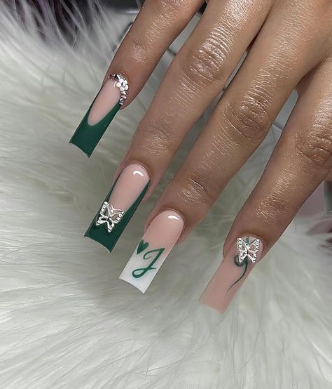 Sage Square Nails, Green Nails With Stones, Nails With A J, Emerald Green Nails Acrylic, Long Green Nails, Initials Nails, Nails With Stones, Green Acrylic Nails, Hard Nails