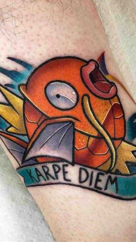 Magikarp Tattoo, Support Tattoo, Pikachu Tattoo, Pokemon Tattoos, Nerd Tattoo, Capricorn Tattoo, Cartoon Tattoo, Tattoo Concepts, Pokemon Tattoo