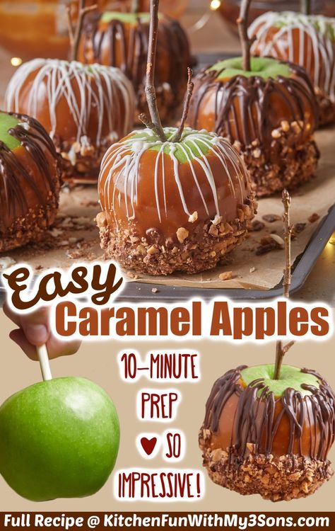 Homemade Caramel Apples are a fun fall treat that the whole family will love! Granny Smith apples are dipped into gooey caramel then rolled in toffee bits and drizzled with chocolate or your other favorite toppings! Praline Recipes, Easy Carmel, Carmel Apple Recipe, Easy Caramel Apples, Homemade Caramel Apples, Fun Fall Treats, Candy Apple Recipe, L Kitchen, Caramel Apples Homemade