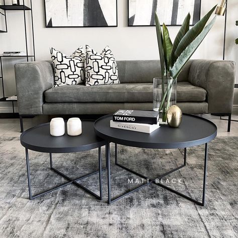 Circle Nesting Coffee Table, Coffee Table For Gray Couch, Black Round Coffee Table Styling, Gray Couch Black Coffee Table, Grey Couch Black Coffee Table Living Room, Nesting Table Decor, Living Room Black Table, Black Coffee Table Round, Black Nesting Coffee Table