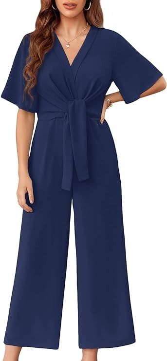 Amazon.com: GAMISOTE Womens Wide Leg Jumpsuits Short Sleeve Tie Knot Front Summer Long Romper : Clothing, Shoes & Jewelry Wide Leg Jumpsuits, Neck Tie Knots, Long Romper, Tie Knots, Short Jumpsuit, Casual Style Outfits, Wide Leg Jumpsuit, Batwing Sleeve, Cool Fabric