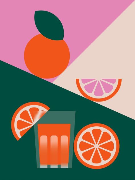 Fresh Illustration Design, Oranges Illustration Fruit, Juice Illustration Design, Geometric Fruit Illustration, Citrus Illustration Graphic Design, Orange Juice Graphic Design, Green And Orange Graphic Design, Orange Juice Packaging Design, Orange Illustration Fruit