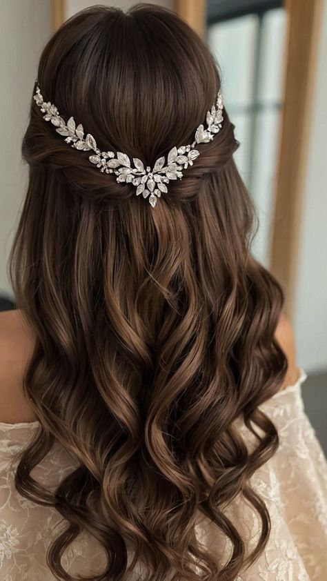 Discover elegant wedding hairstyles for half up half down long hair updos veils simple down styles short hair classy updos and classy low buns From half up half down styles for long hair to classy low buns for a sophisticated look find the perfect hairstyle for your special day Beauty And The Beast Wedding Hair, Wedding Hairstyle Long Hair Down, Wedding Hairstyles Brown Hair Half Up, Summer Bridesmaids Hairstyles, Wedding Hairstyles Long Dark Hair, Wedding Hairstyles For Long Hair Dark, Wedding Hairstyles Latina, Wedding Hairstyles For Strapless Dress The Bride, Prom Hair With Accessories