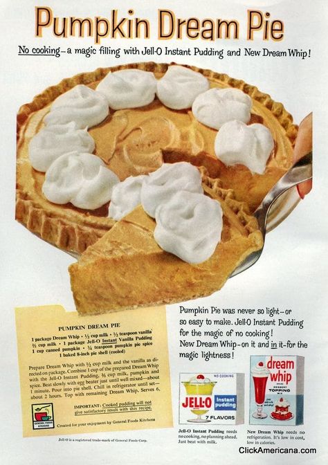 Pumpkin dream pie No cooking — a magic filling with Jell-O instant pudding and new Dream Whip! Pumpkin pie was never so light — or so easy to make. Jell-O instant pudding for the magic of no cooking! New Dream Whip — on it and in it — for the magic lightness. Ingredients: 1 package … Dream Whip Pumpkin Pie, Dream Pie Recipe, Pumpkin Dream, Pumpkin Board, Dream Pie, Whipped Pumpkin, Magazine Recipe, Perfect Pumpkin Pie, Dream Whip