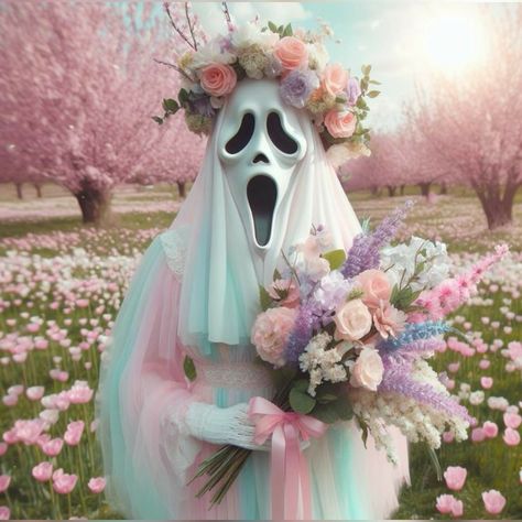 Halloween In Spring, Ghostface Wedding, Pastel Ghostface, Halloween Dti, Spooky Spring, Pastel Horror, Ghost Face Wallpaper Aesthetic, Halloween Widget, Dreamy Cottagecore