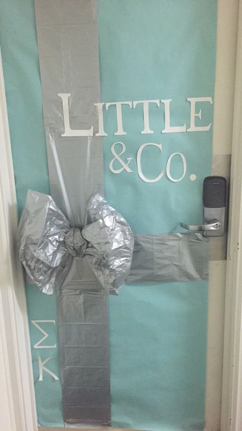 Big Little Door Decoration Door Dec Door Sign Tiffany Little Surprise Bow Mint Blue Sigma Kappa Little & Co Sorority Door Decorations, Sorority Reveal Shirts, Door Decorations College, Sorority Family, Big Little Canvas, Big Little Crafts, Big Little Basket, Trendy Door, Big Little Ideas