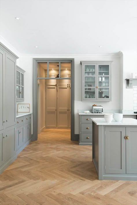 herringbone wood floor with gray shaker kitchen cabinets | design by DeVol Kitchens #flooring Gray Shaker Kitchen Cabinets, Grey Shaker Kitchen, Floors Ideas, Kitchen Cabinet Trends, Wood Floor Design, Серая Кухня, Kitchen Ikea, Herringbone Wood Floor, Devol Kitchens