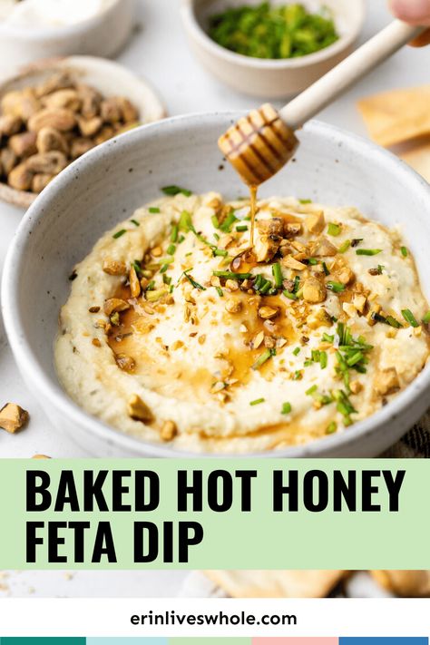 Dive into a blend of savory and sweet flavors with this incredible Baked Hot Honey Feta Dip recipe. Made with feta, cream cheese, hot honey, pistachios, and chives, it's perfect for game day or enjoying as a flavorful appetizer! Honey Feta Dip, Honey Feta, Honey Appetizers, Mad Honey, Baked Dips, Cream Cheese Appetizer, Baked Feta, Filling Snacks, Feta Dip