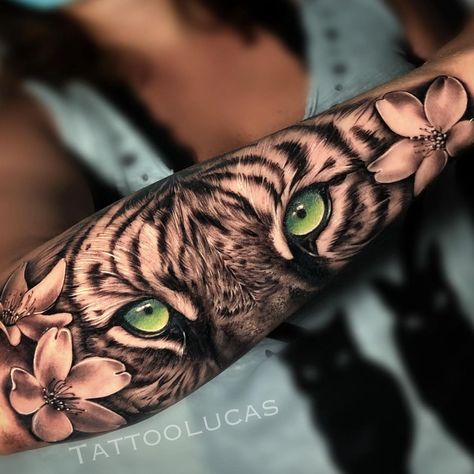 L U C A S C A M A R G O (@tattoolucas) posted on Instagram • May 7, 2021 at 11:06pm UTC Cover Up Tattoos On Forearm For Women, Safari Sleeve Tattoo Women, Tiger Eyes Tattoo For Women Sleeve, Cougar Tattoo For Women, Lion Eye Tattoo For Women, Neck Tattoo Cover Up, Amazon Tattoo, Tattoo Brazo Mujer, Forearm Name Tattoos