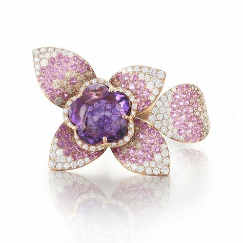 Giardini Segreti Haute Couture ring mounted on rose gold with amethyst, pink sapphire, white and champagne diamonds Sapphire Jewellery, Pasquale Bruni, Bon Ton, Italian Jewelry, Dita Von Teese, Amethyst Jewelry, Champagne Diamond, Sapphire Jewelry, February Birth Stone