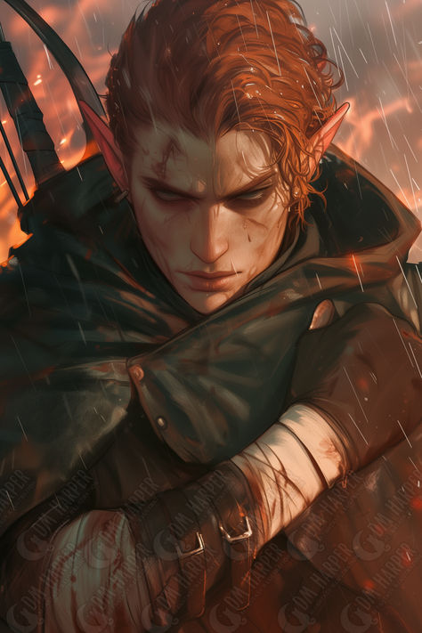 Wood-Elf Ranger Male Elf Short Hair, Red Head Elf Male, Red Haired Elf Man, Human Ranger Dnd Male, Elf Short Hair, Ranger Dnd Male, Half Elf Rouge, Elf Ranger Male, Eladrin Rogue