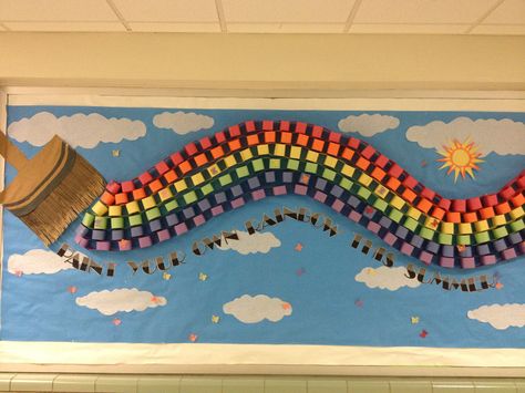 Paint your own rainbow this summer...Mackrille PTA's end of the year bulletin board. Pta Bulletin Boards, Hallway Bulletin Boards, Rainbow Bulletin Boards, Art Bulletin Boards, Work Bulletin Boards, Summer Bulletin Boards, Preschool Bulletin, Library Bulletin Boards, Preschool Bulletin Boards