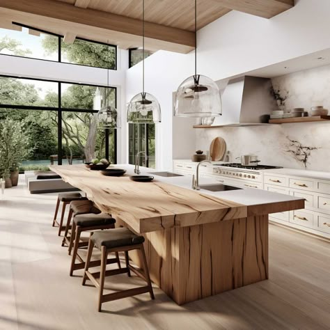 Rustic Kitchen Modern, White Oak Island Kitchen, Bali Kitchen Design, Teak Interior Design, Rustic Contemporary Kitchen, Dapur Rustic, Boho Chic Kitchen, Log Home Kitchen, Modern Rustic Kitchen